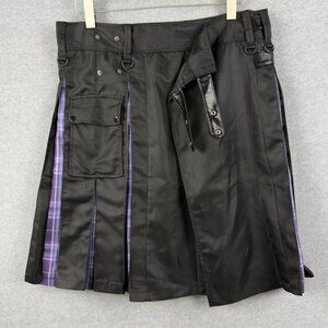 Black & Purple Tartan Utility Kilt-Style Skirt, Snap-Flap Pocket & Belt Tabs, XL